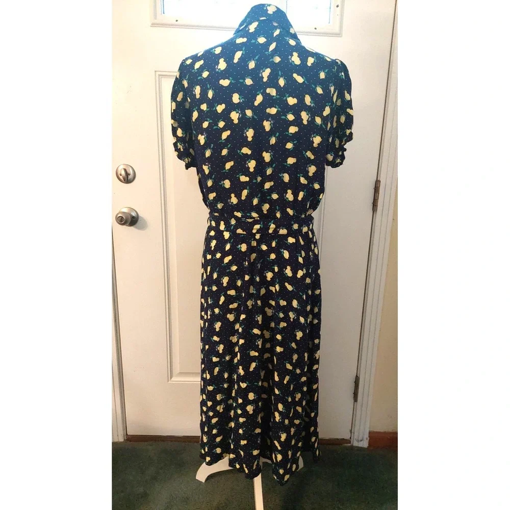 Talbots Shirt Dress 14 Navy Yellow Lemons Button Front Belted Midi Cottage Core - Picture 5 of 12